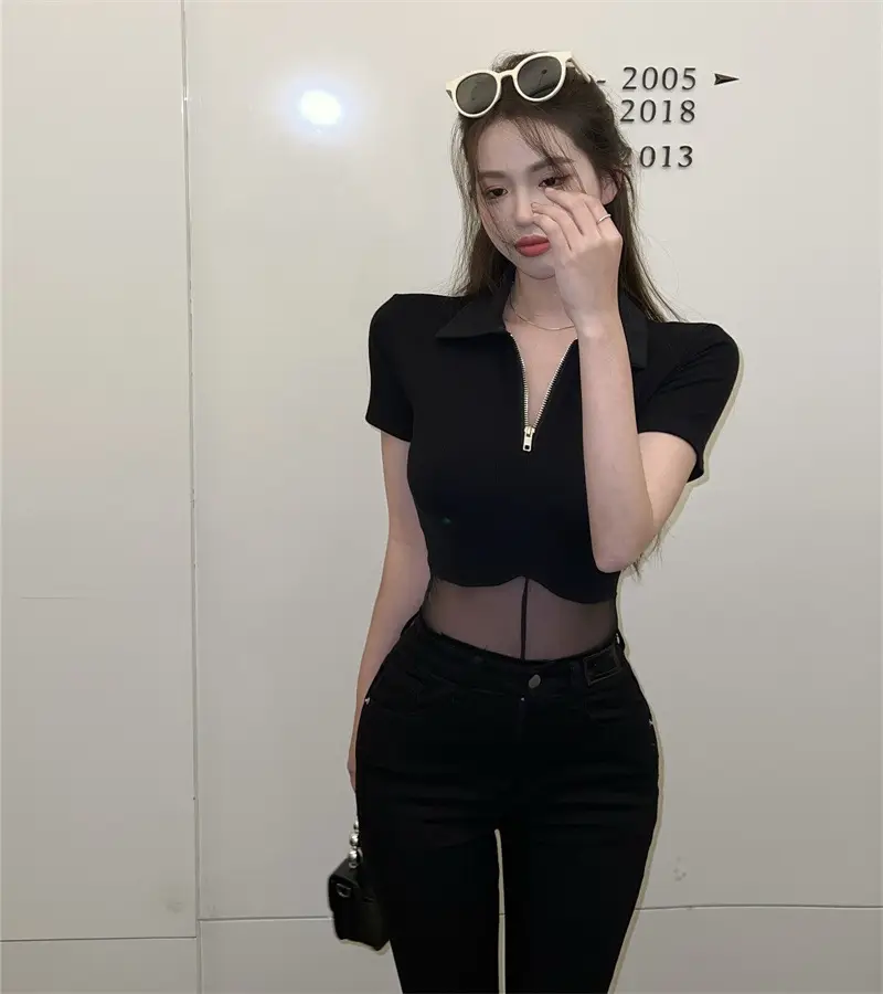 Black Mesh Polo Collar T-Shirt for Women Summer — feature 6