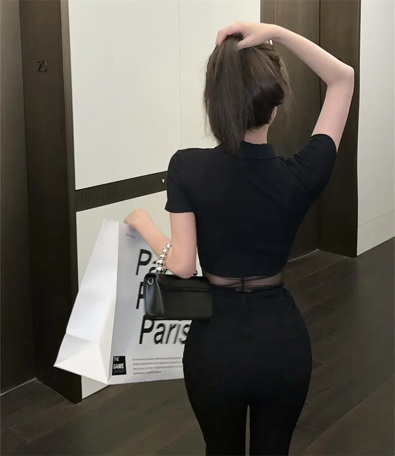 Black Mesh Polo Collar T-Shirt for Women Summer — feature 7