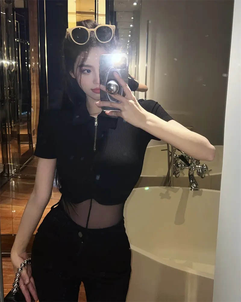 Black Mesh Polo Collar T-Shirt for Women Summer — feature 9
