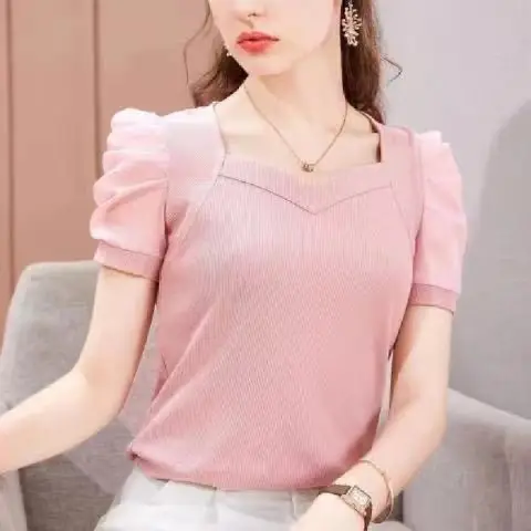 Pink Ice Silk Ribbed T-Shirt Women 2024 Summer - Image 2