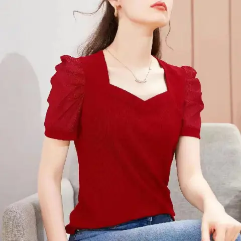 Pink Ice Silk Ribbed T-Shirt Women 2024 Summer - Image 3