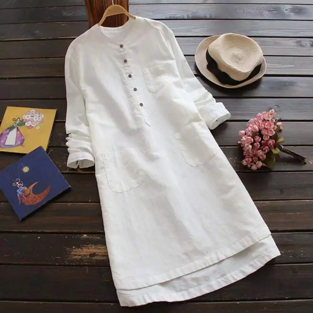 2024 White Cotton Linen Long Sleeve Shirt Large - Image 9