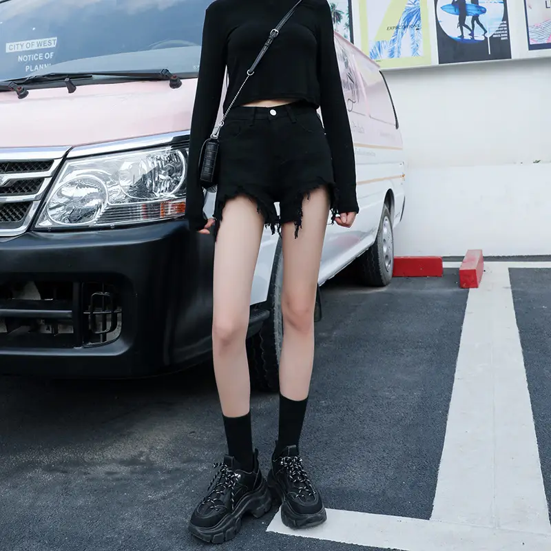 Denim Shorts Women Black High Waist Ripped Shorts - Image 8