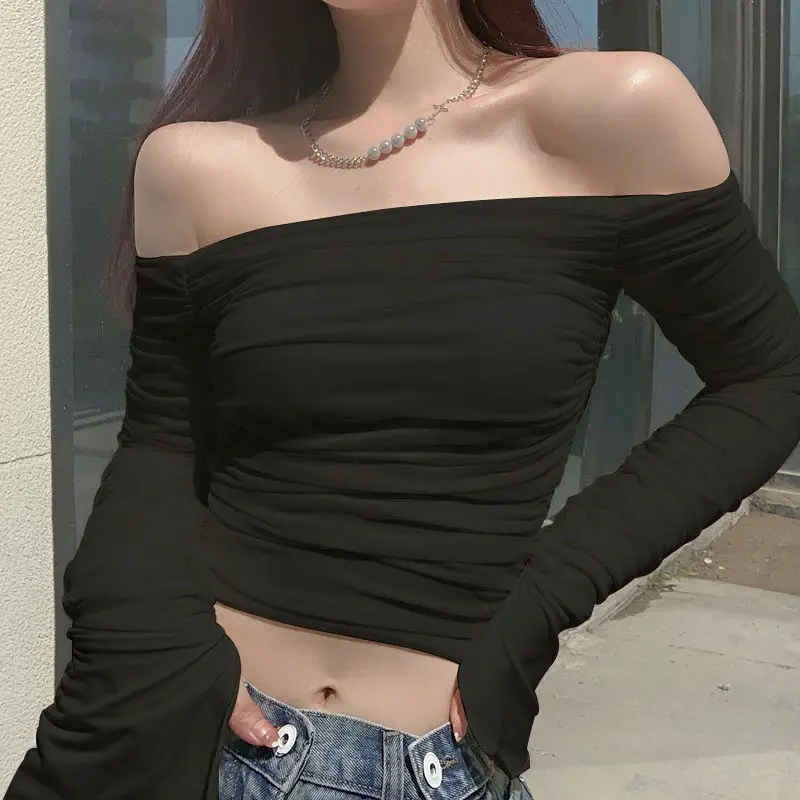 French One-Shoulder Pleated Long Sleeve Top for Women - Image 3