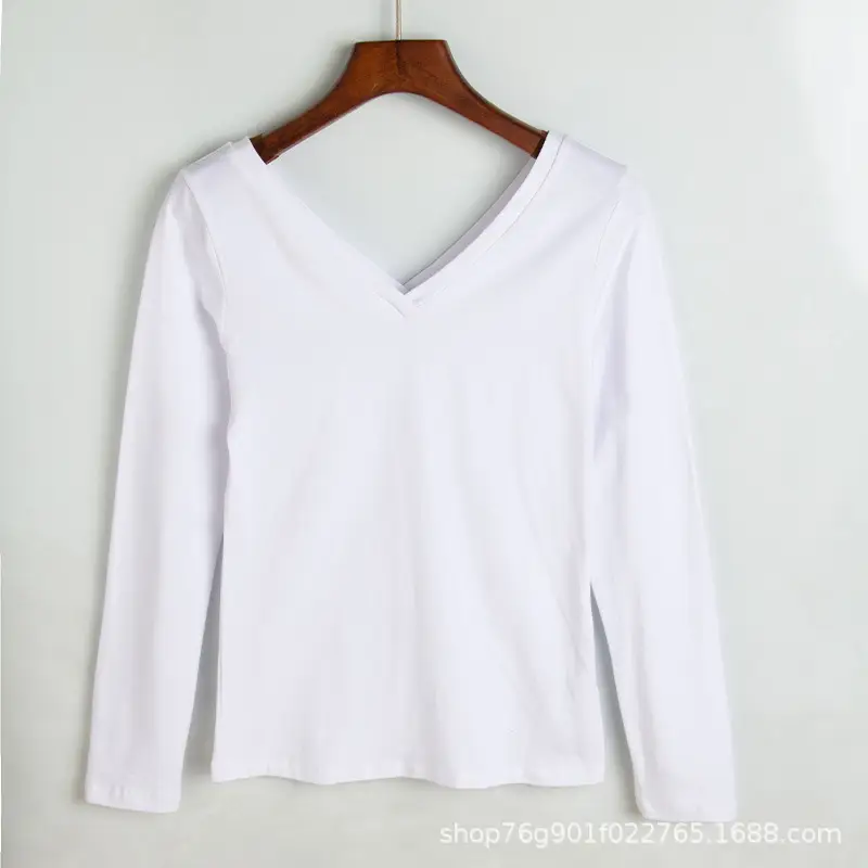 V-Neck Long Sleeve T-Shirt Black 2022 Spring Summer - Image 2