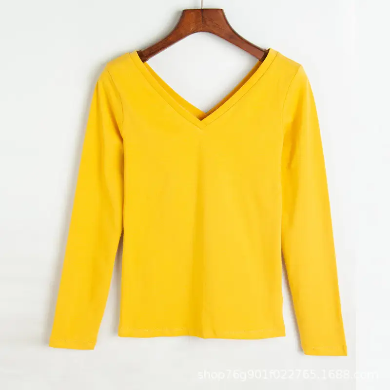 V-Neck Long Sleeve T-Shirt Black 2022 Spring Summer - Image 4