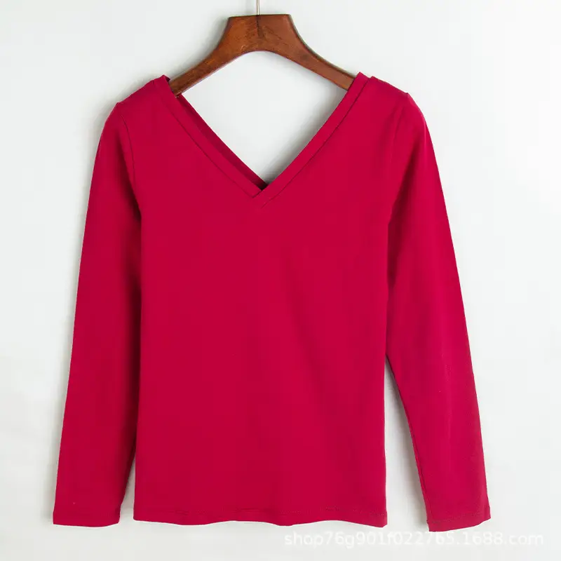 V-Neck Long Sleeve T-Shirt Black 2022 Spring Summer - Image 5