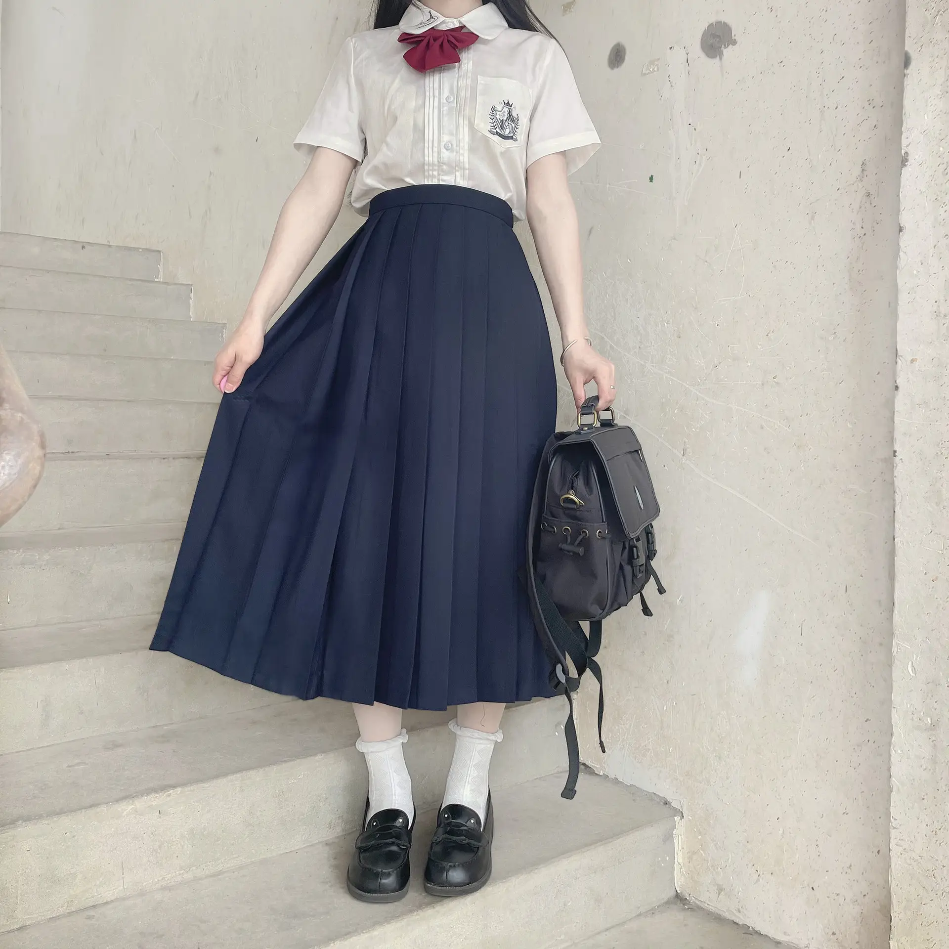 Black Pleated Skirt Uniform Bad Long Skirt - Image 3