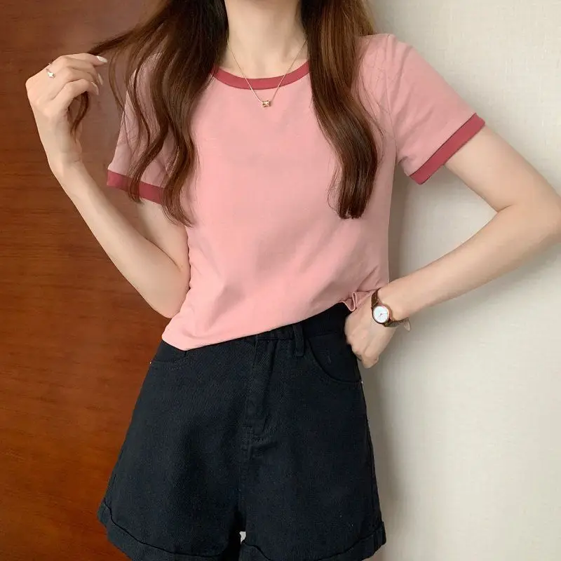 Women Pink Round Neck Short Sleeve T-Shirt 2025 Summer — feature 27