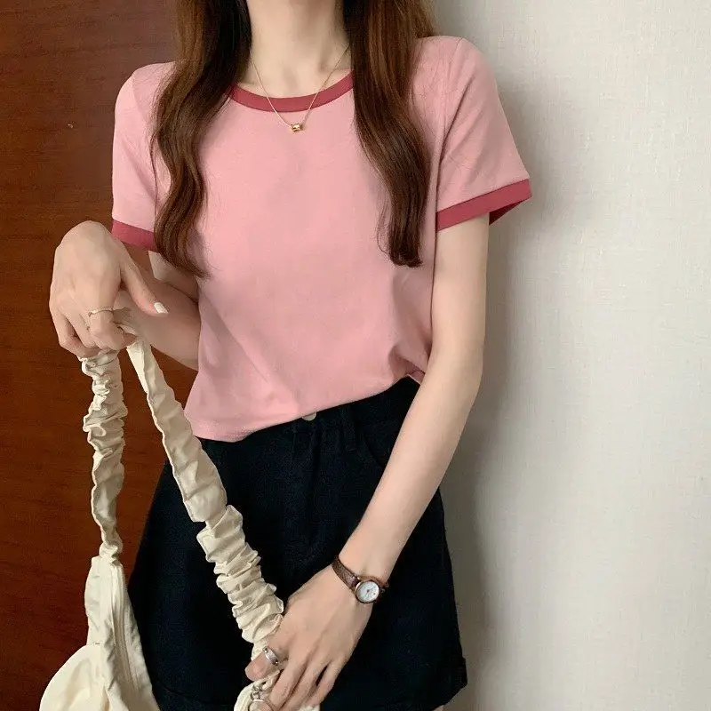 Women Pink Round Neck Short Sleeve T-Shirt 2025 Summer — feature 28