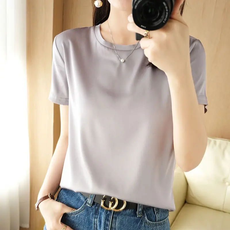 Women Green Silk T-Shirt Round Neck Short Sleeve - Image 4