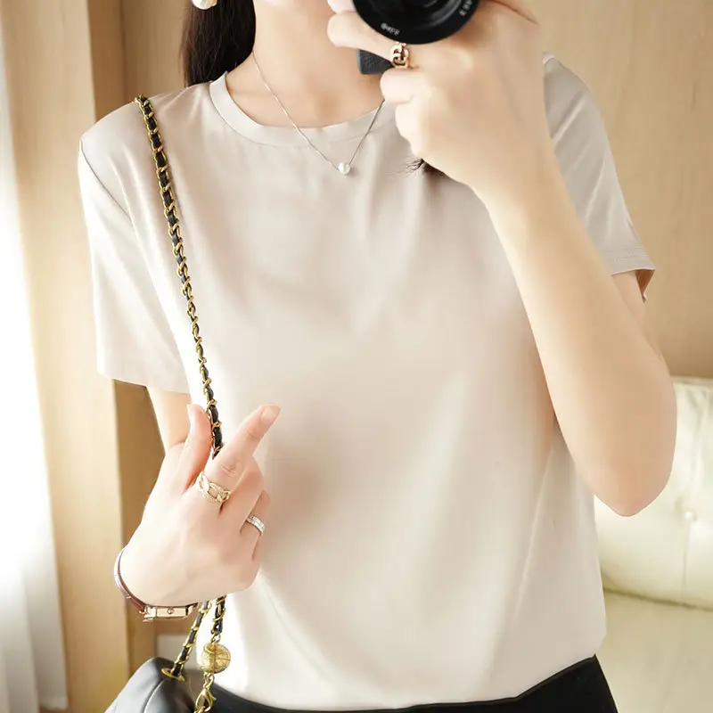 Women Green Silk T-Shirt Round Neck Short Sleeve - Image 5