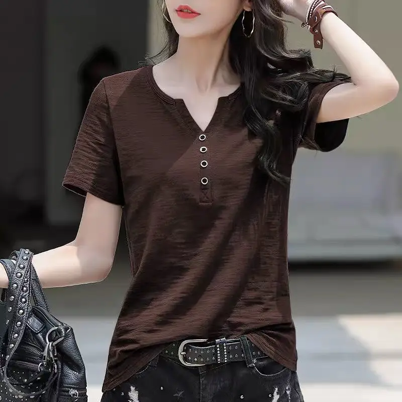 Women V-Neck Short Sleeve T-Shirt Brown Large - Image 22