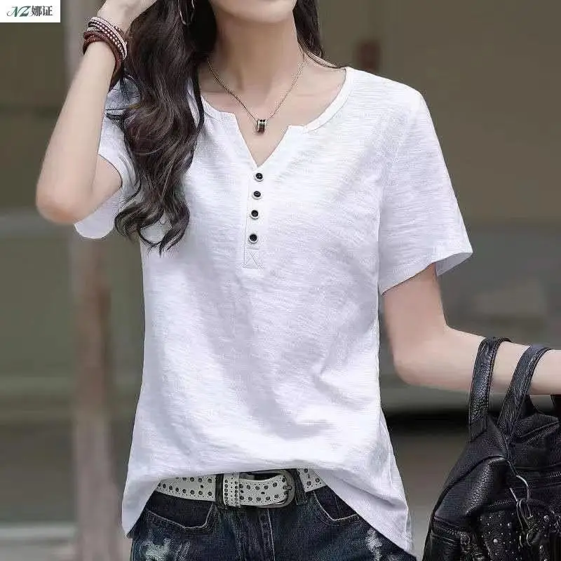 Women V-Neck Short Sleeve T-Shirt Brown Large - Image 23