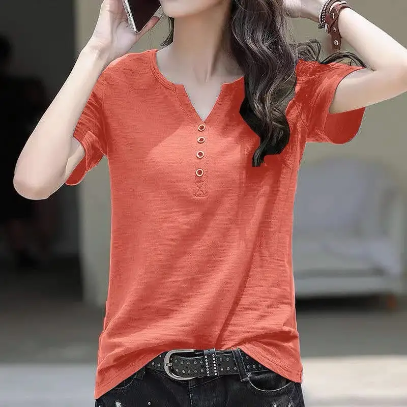 Women V-Neck Short Sleeve T-Shirt Brown Large - Image 25