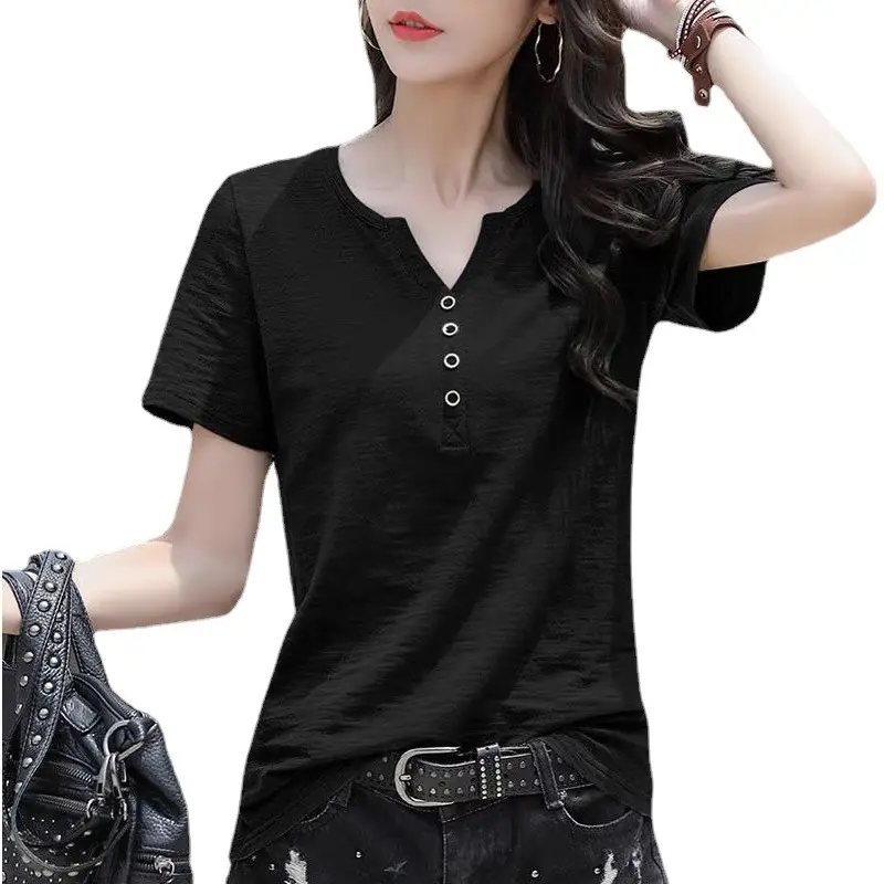 Women V-Neck Short Sleeve T-Shirt Brown Large - Image 26