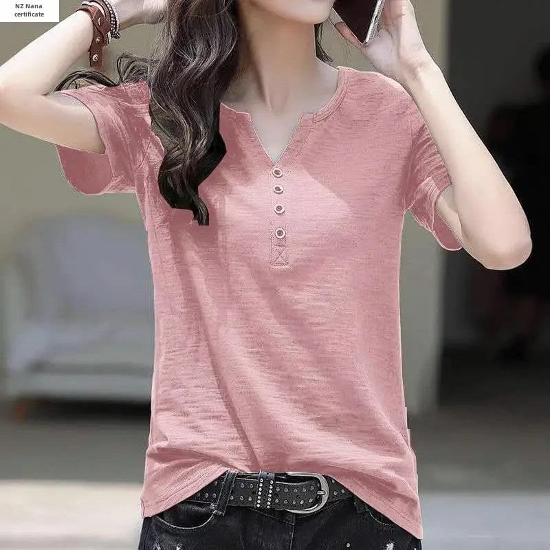 Women V-Neck Short Sleeve T-Shirt Brown Large - Image 3