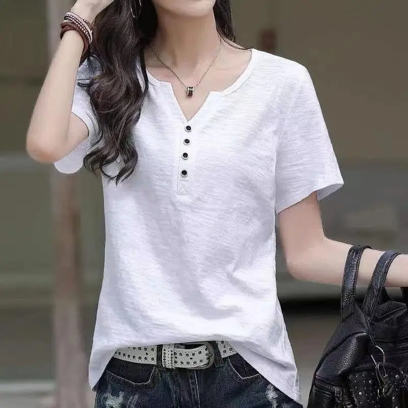 Women V-Neck Short Sleeve T-Shirt Brown Large - Image 8