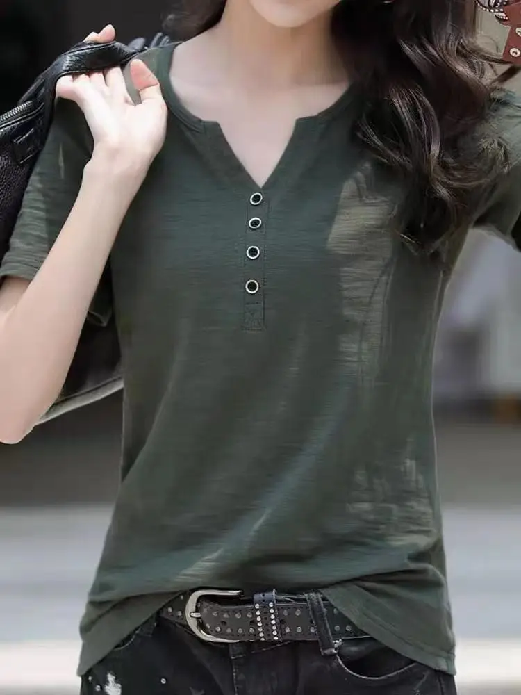 Women V-Neck Short Sleeve T-Shirt Brown Large - Image 13