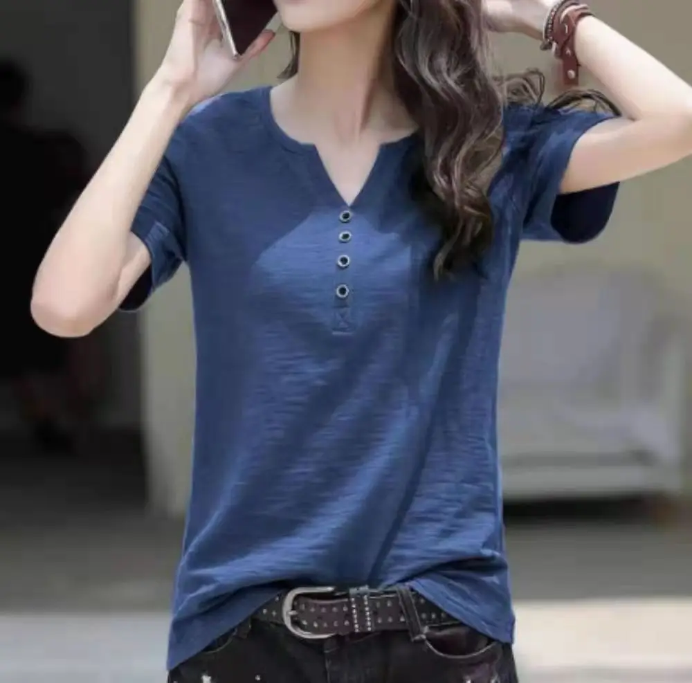 Women V-Neck Short Sleeve T-Shirt Brown Large - Image 20