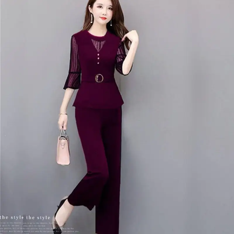 Women's Maroon Age-Reducing Mesh Pencil Pants Set