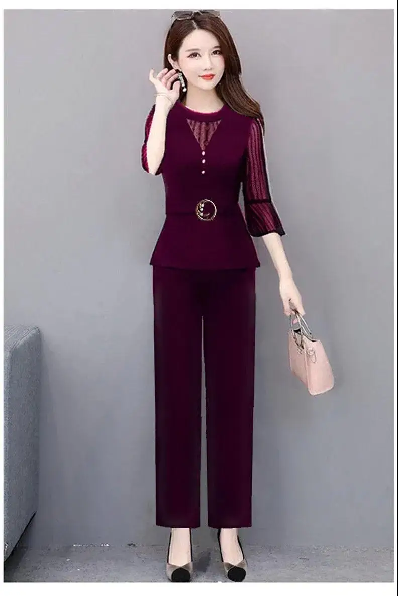Women's Maroon Age-Reducing Mesh Pencil Pants Set — feature 10