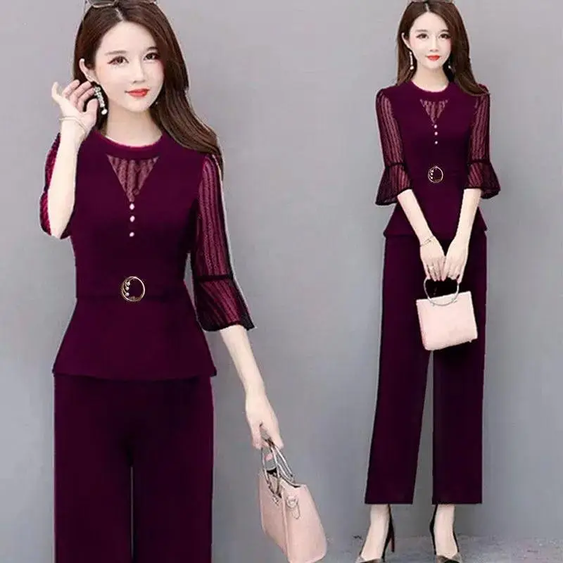 Women's Maroon Age-Reducing Mesh Pencil Pants Set — feature 9