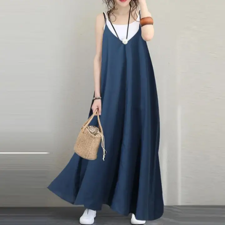 Women Loose Sleeveless V-Neck Long Dress Beige - Image 37
