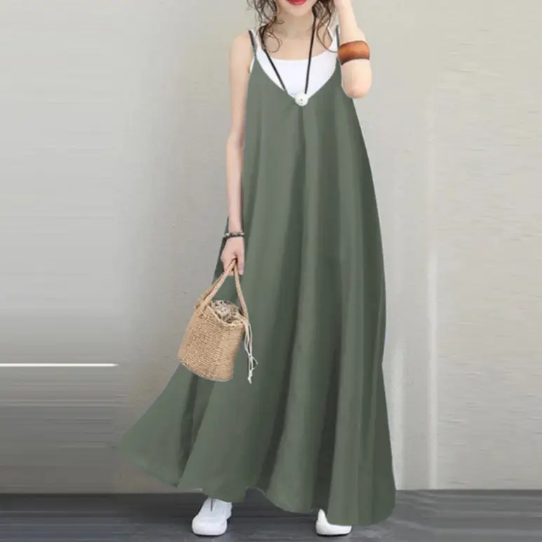 Women Loose Sleeveless V-Neck Long Dress Beige - Image 39