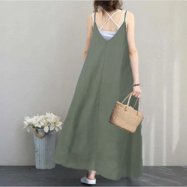 Women Loose Sleeveless V-Neck Long Dress Beige - Image 40
