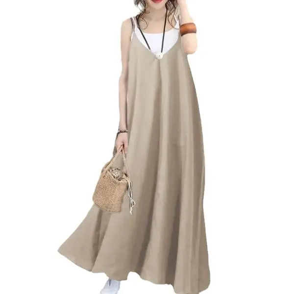 Women Loose Sleeveless V-Neck Long Dress Beige - Image 41