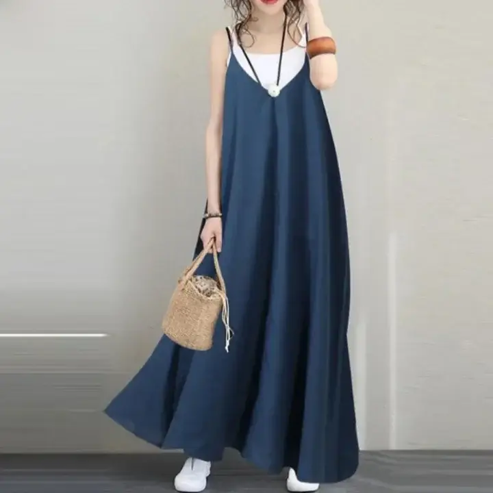 Women Loose Sleeveless V-Neck Long Dress Beige - Image 22