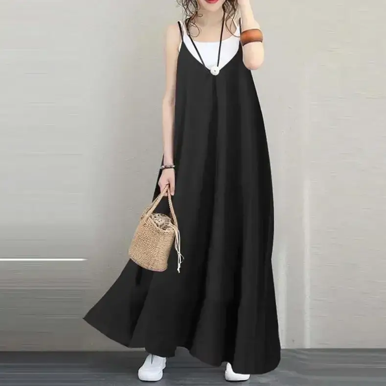 Women Loose Sleeveless V-Neck Long Dress Beige - Image 32