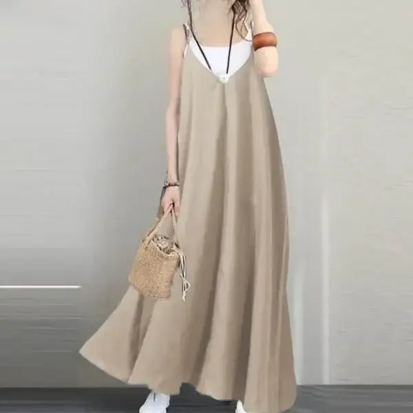 Women Loose Sleeveless V-Neck Long Dress Beige - Image 8