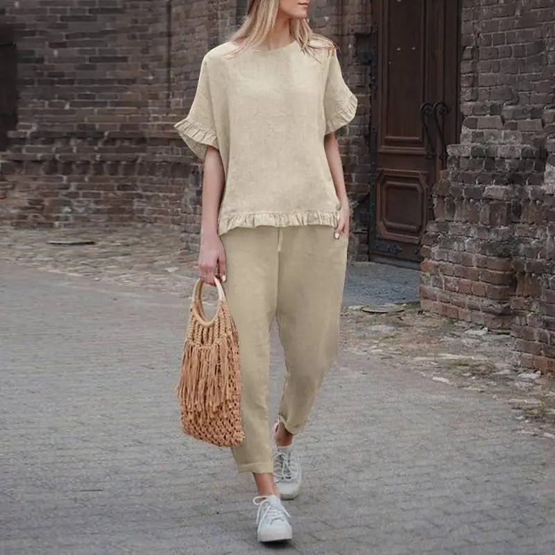2023 Women Cotton Linen Casual Pants Set Large - Image 4