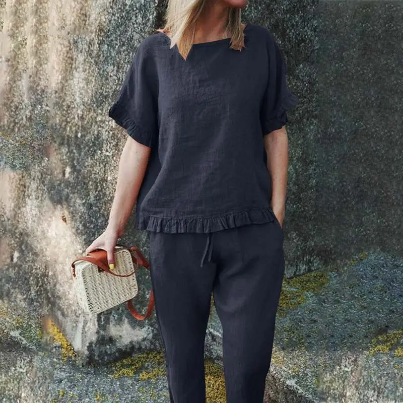 2023 Women Cotton Linen Casual Pants Set Large - Image 2
