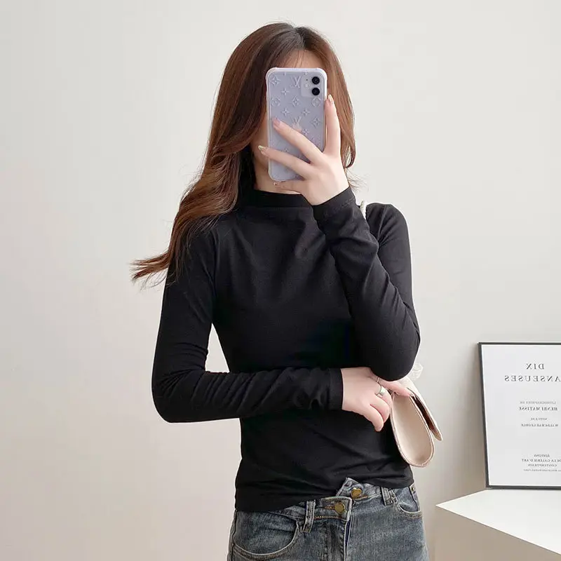 Women's Long Sleeve Black Slim T-Shirt with Half Turtleneck - Image 5