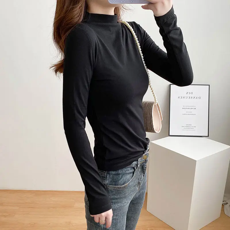 Women's Long Sleeve Black Slim T-Shirt with Half Turtleneck - Image 6