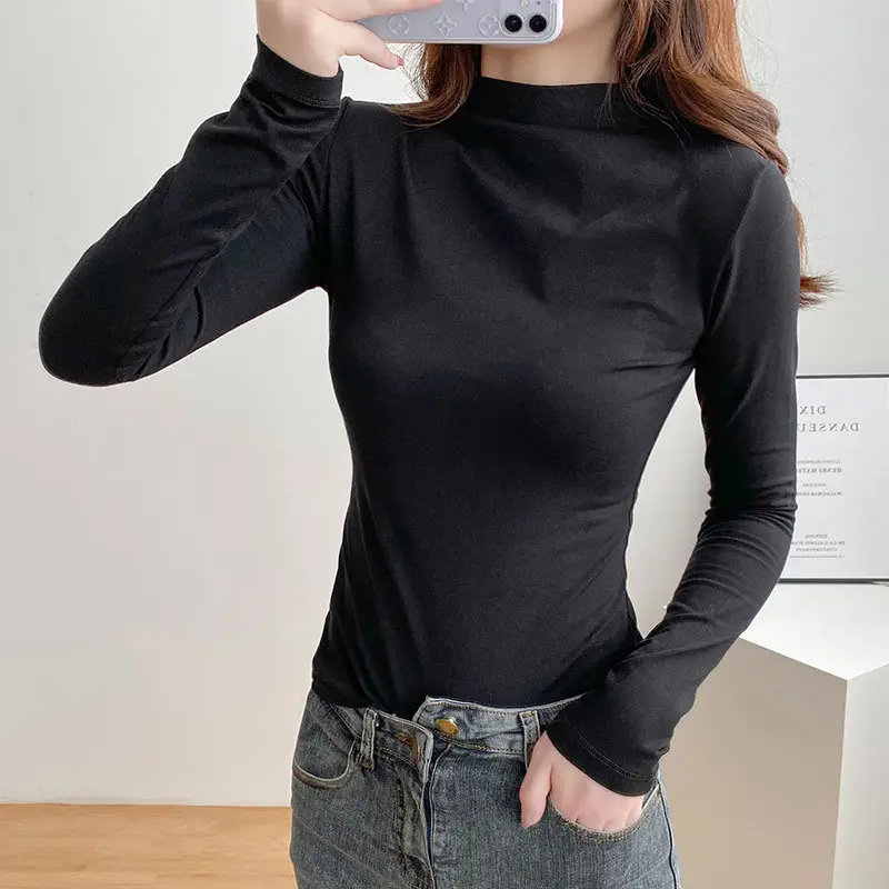 Women's Long Sleeve Black Slim T-Shirt with Half Turtleneck - Image 7