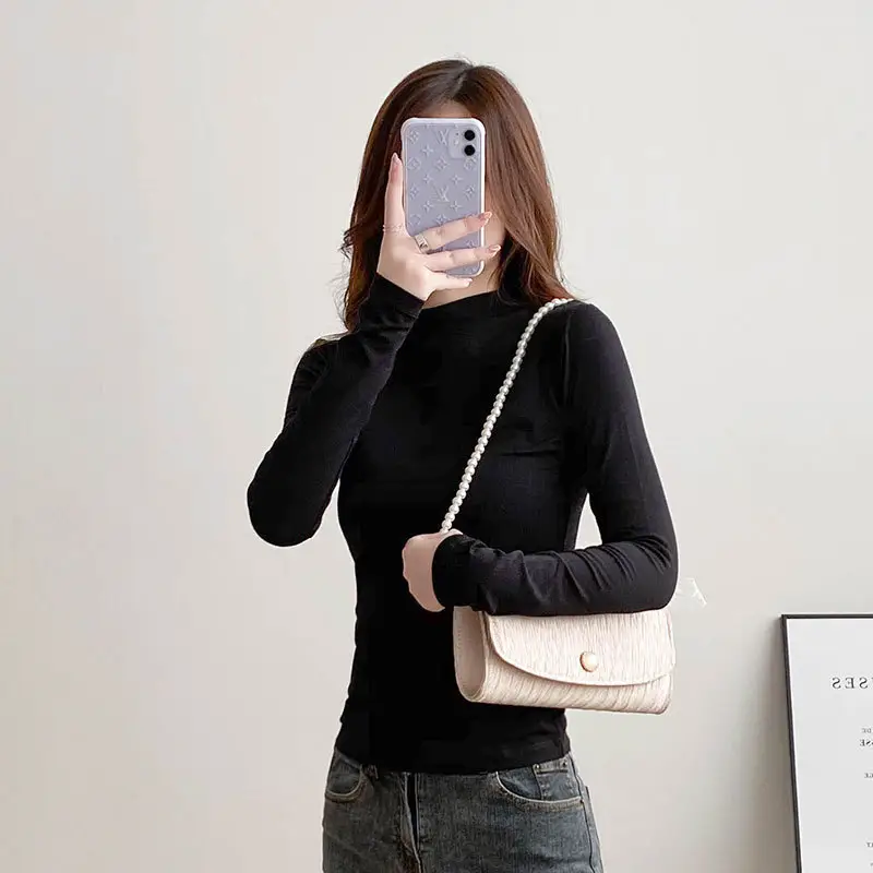 Women's Long Sleeve Black Slim T-Shirt with Half Turtleneck - Image 8