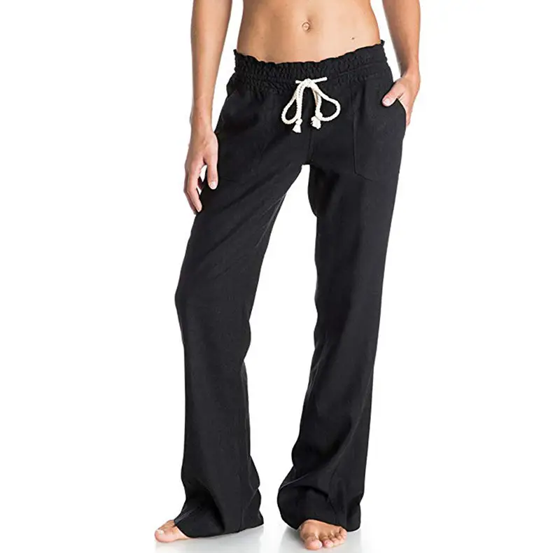 Women's Black Cotton Linen Wide Leg Pants with White Tie - Image 3