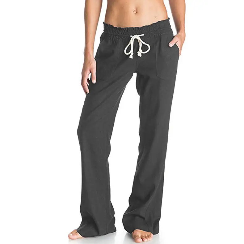 Women's Black Cotton Linen Wide Leg Pants with White Tie - Image 6