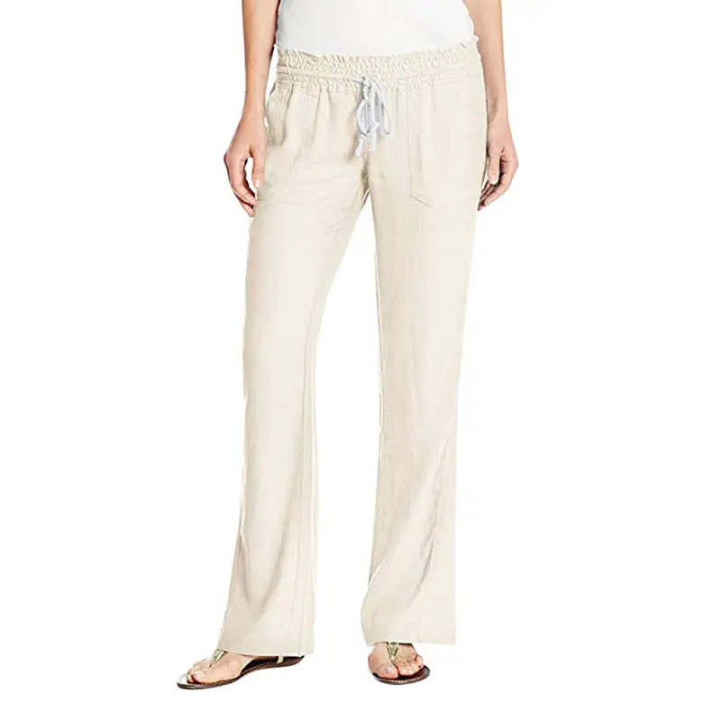 Women's Black Cotton Linen Wide Leg Pants with White Tie - Image 8