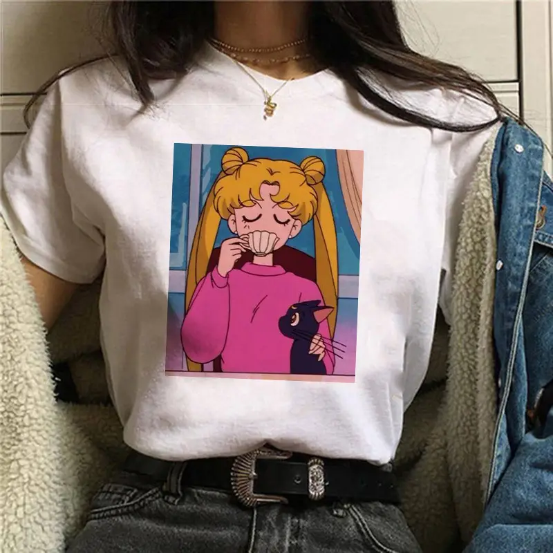 Women Sailor Moon Printed T-Shirt White Short Sleeve