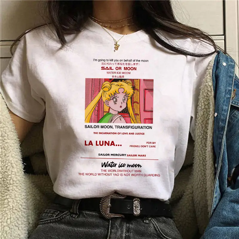 Women Sailor Moon Printed T-Shirt White Short Sleeve