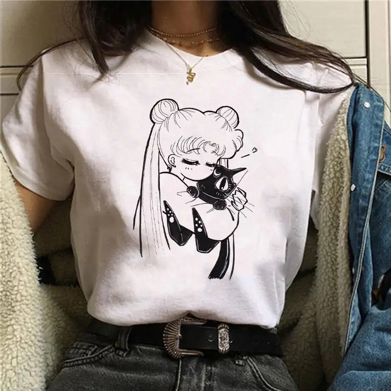 Women Sailor Moon Printed T-Shirt White Short Sleeve