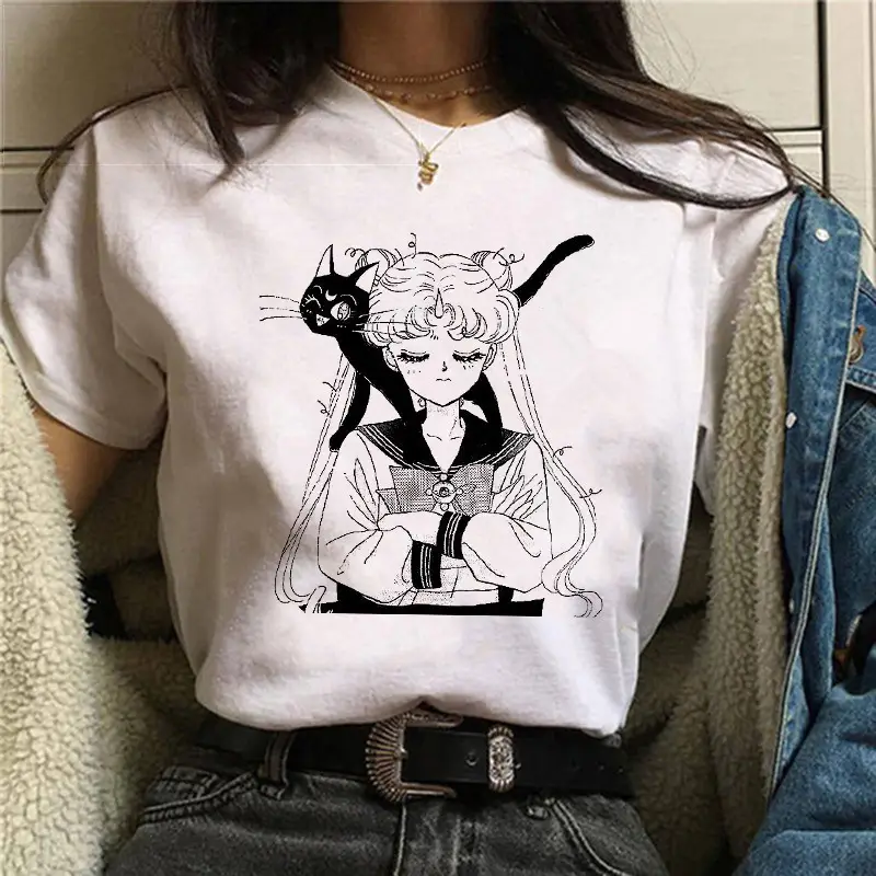 Women Sailor Moon Printed T-Shirt White Short Sleeve