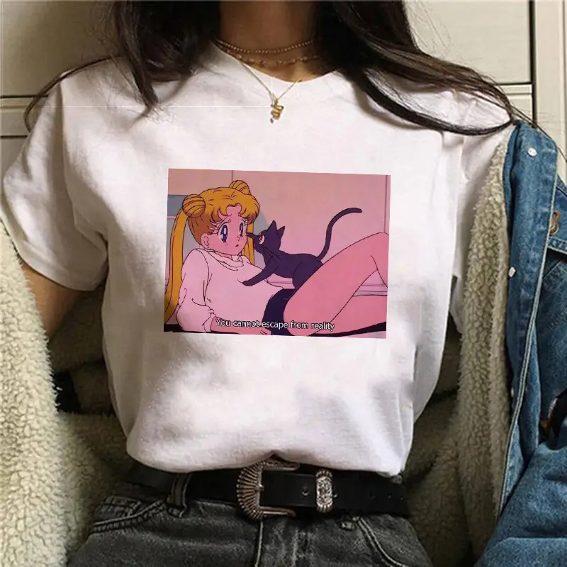 Women Sailor Moon Printed T-Shirt White Short Sleeve