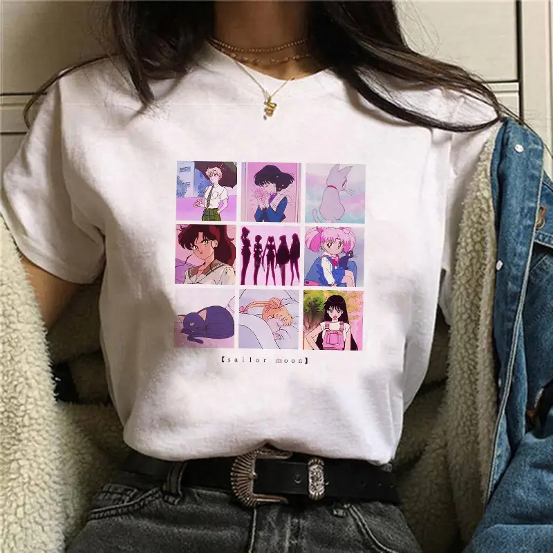 Women Sailor Moon Printed T-Shirt White Short Sleeve
