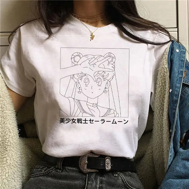 Women Sailor Moon Printed T-Shirt White Short Sleeve